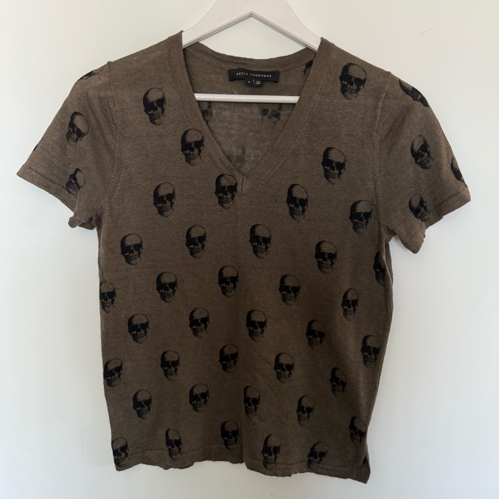 Skull Cashmere Linen Short Sleeve T Shirt Black Skulls SZ S